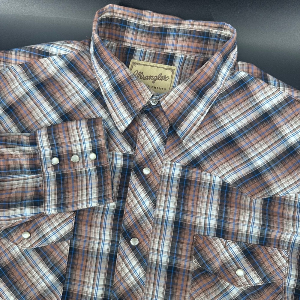 Wrangler Western Shirt Mens 2XL XXL Brown Plaid Pearl Snap Long Sleeve Cowboy